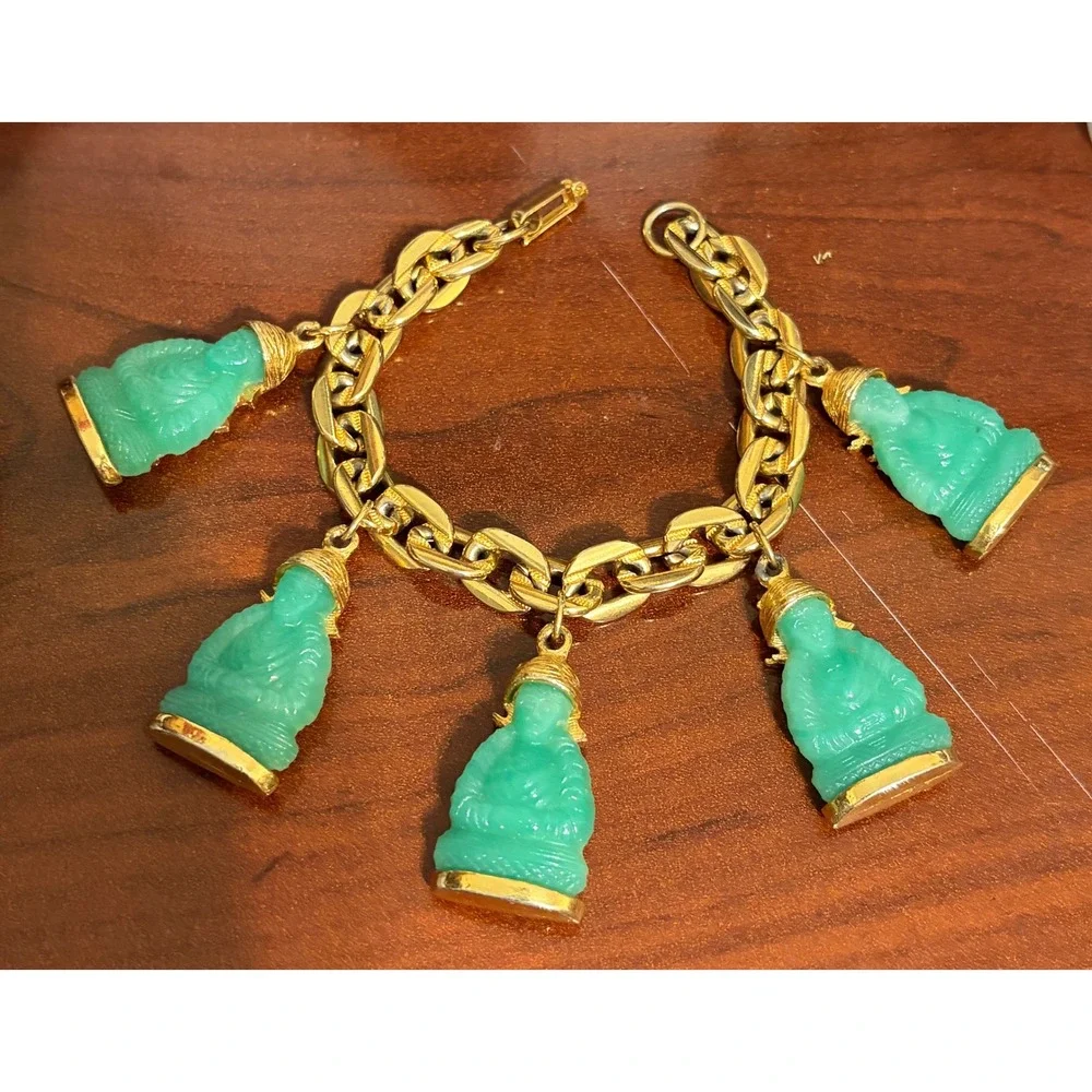 Vintage Goldtone Charm Bracelet w/ 5 Peking Glass Jade Green Buddha Charms